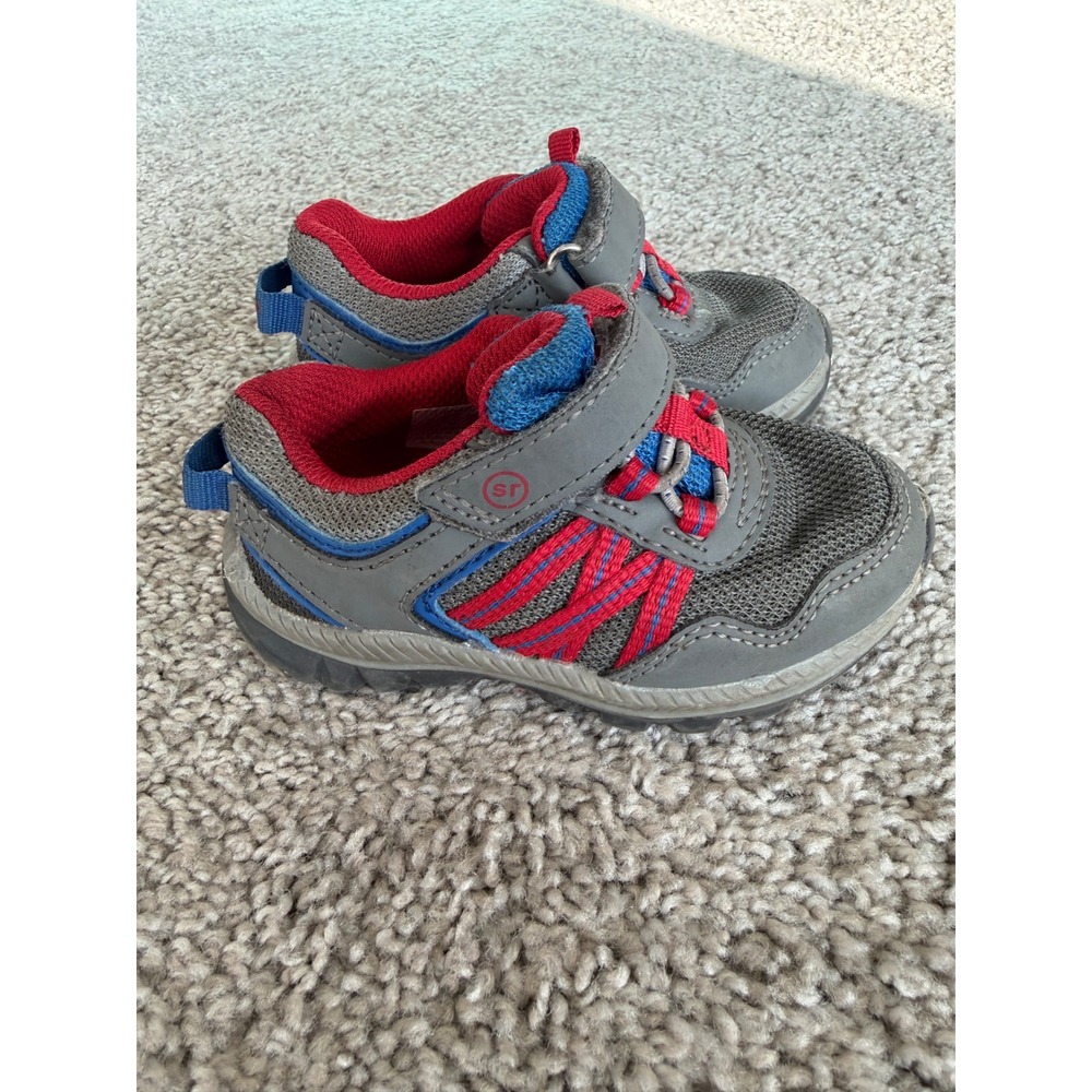 Stride Rite Artin 3.0 Sneaker Boys 5M Grey Red Blue Athletic Hook Loop Shoes